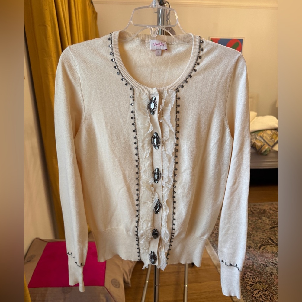 Cream Embellished Sequin Cardigan - Whistles London - Size 2